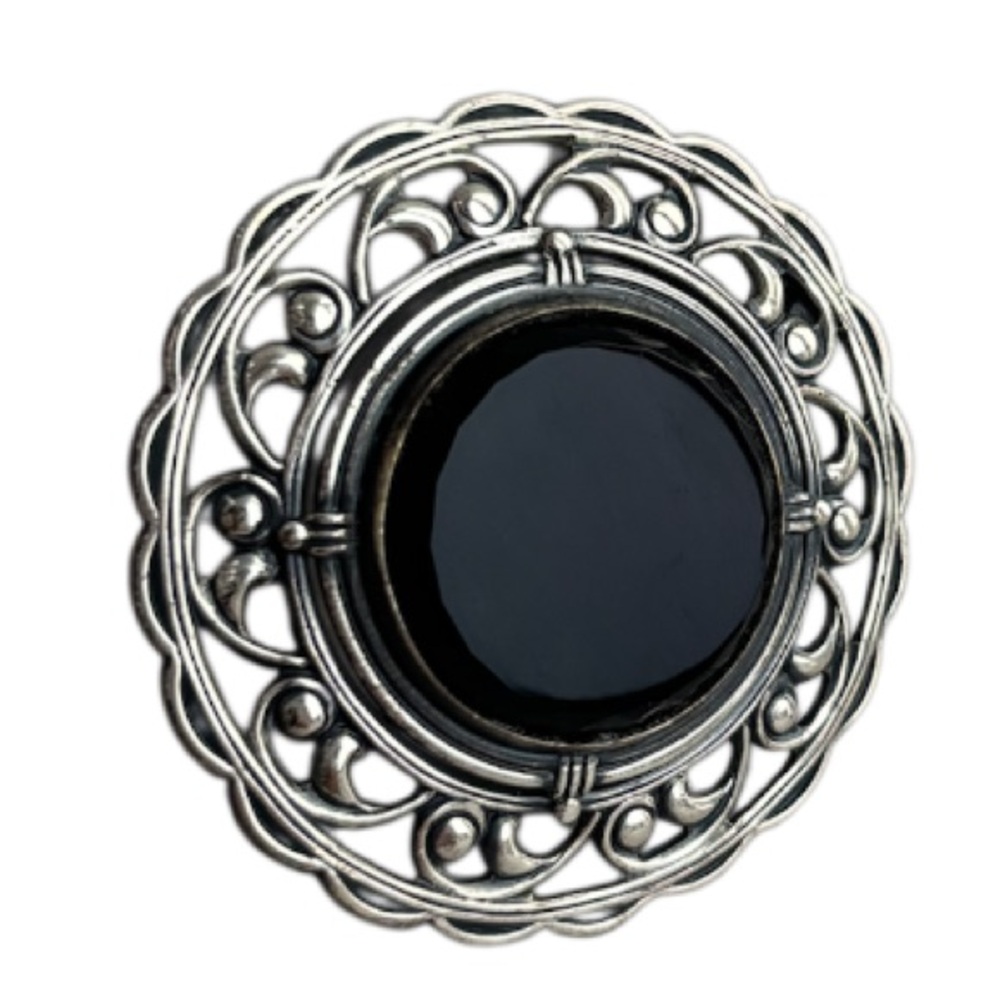 Vintage Sterling Silver Brooch Pin Onyx Black Stone Ornate Scrolled Filigree - Picture 4 of 15